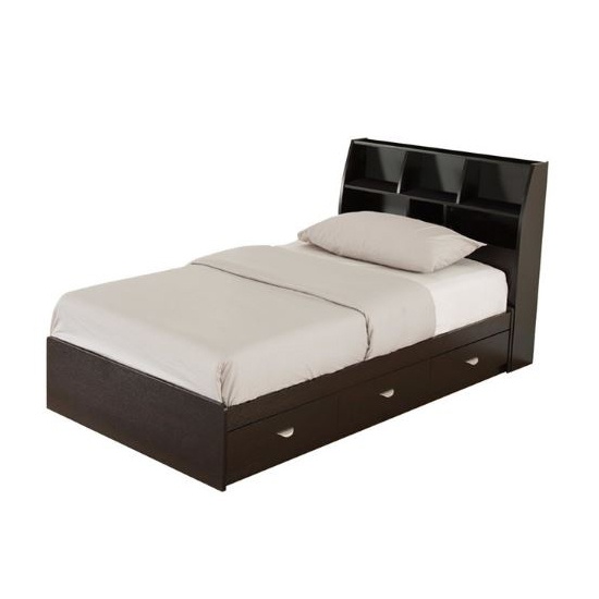 Brown Finished Bed Frame With Storage, Storage Headboard Bed Frame