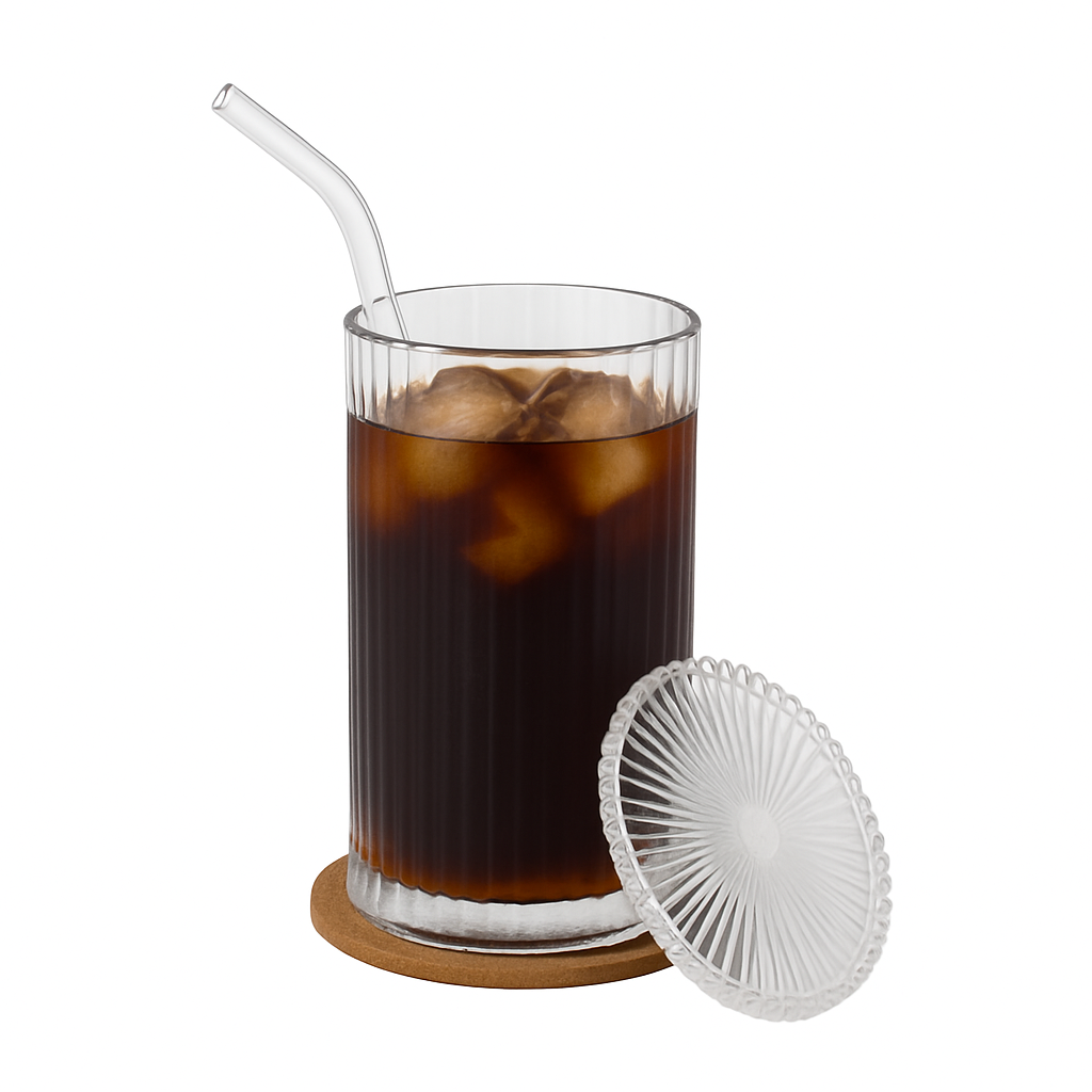 Ribbed Glass Cup with Straw and Lid